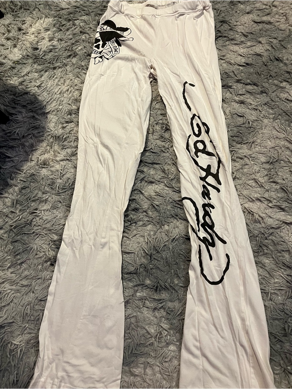 Ed Hardy White Graphic Flared Lounge Pants with Black Script